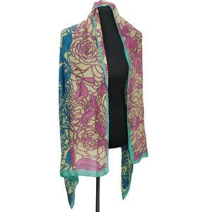 Vintage Space Age Women's Scarf Multicolor‎ Pink Blue Green Floral Sheer Striped